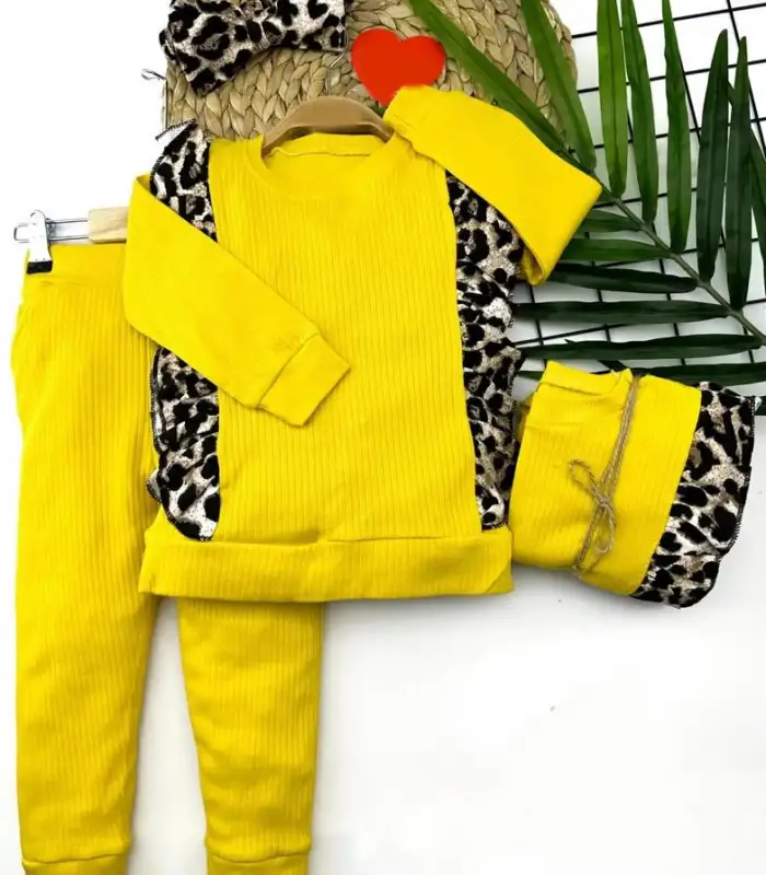 2-3-4-5 Yaş Bandanalı Leopar Baskılı Uzun Kollu 2li Kız Çocuk Takımı Sarı