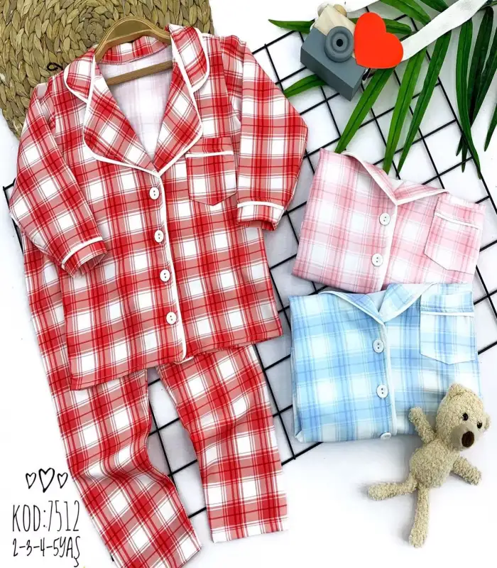 2-3-4-5 Yaş Düğme Kapamalı Ekose Desenli 2li Kız Erkek Çocuk Pijama Takımı Pembe