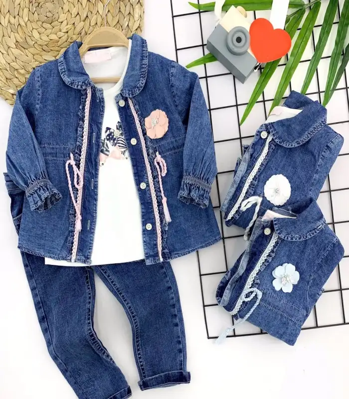 2-3-4-5 Yaş Düğme Kapamalı Kot Ceket 3lü Kız Çocuk Takımı Mavi
