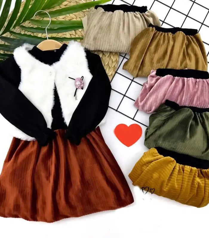 2-3-4-5 Yaş Kadife Etekli Tüylü Yelek Uzun Kollu Siyah Sweat 3lü Kız Bebek Takımı Kahverengi