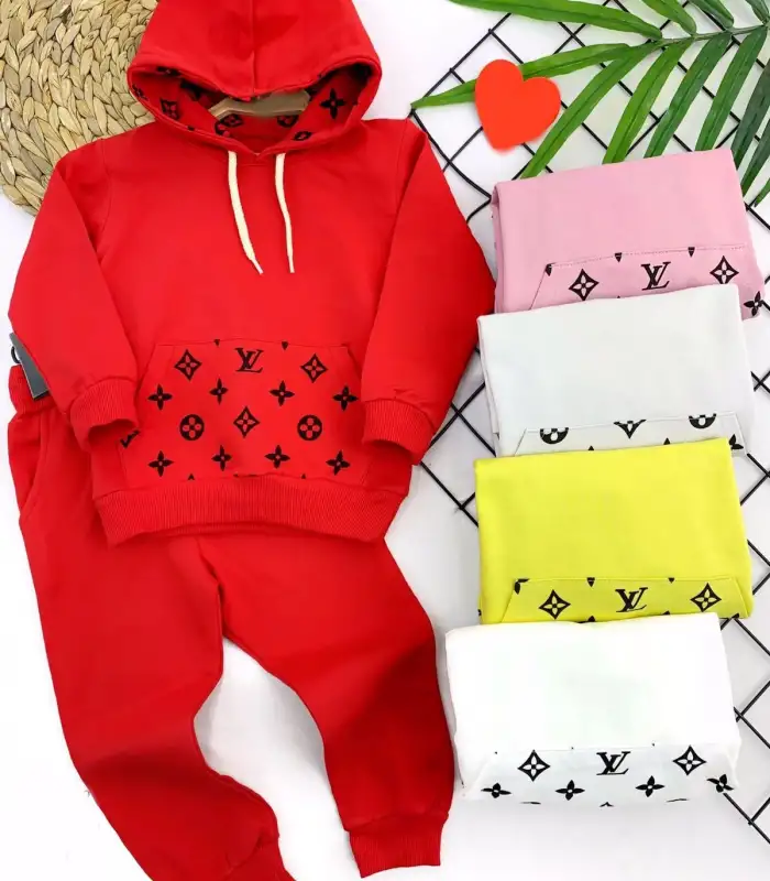 2-3-4-5 Yaş Kapşonlu Cep Detaylı Uzun Kollu 2li Kız Erkek Çocuk Takımı Kırmızı