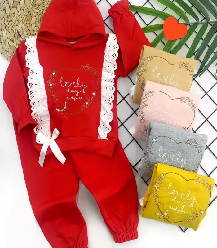 2-3-4-5 Yaş Kapşonlu Çift Fırfır Detaylı Uzun Kollu 2li Kız Çocuk Takımı Bej