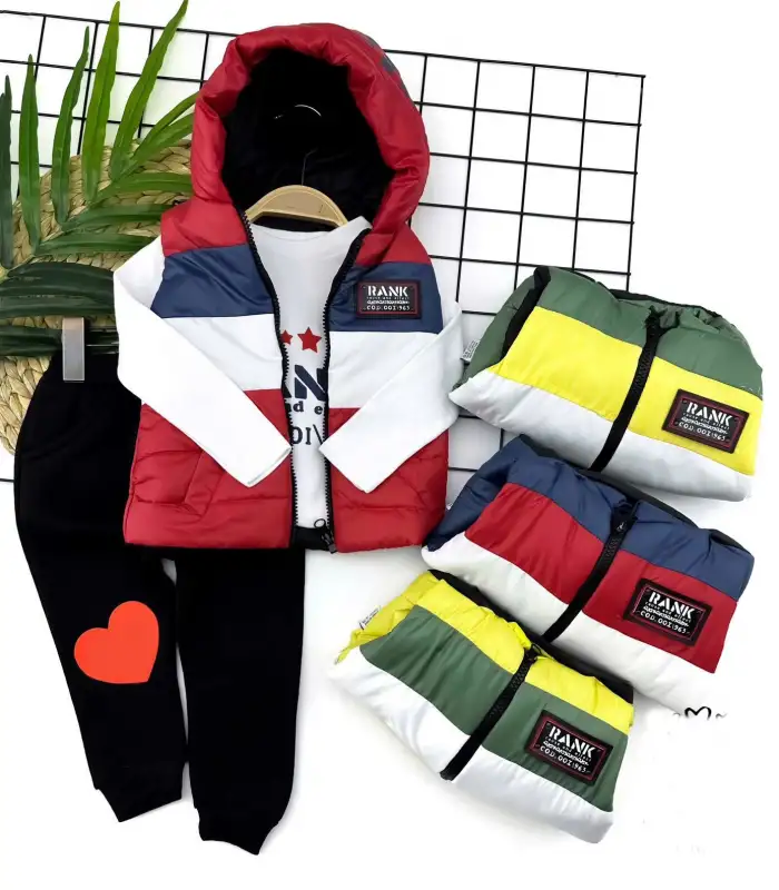 2-3-4-5 Yaş Kapşonlu Şişme Yelekli Uzun Kollu Sweatli Pantolonlu 3lü Erkek Bebek Takımı Kırmızı