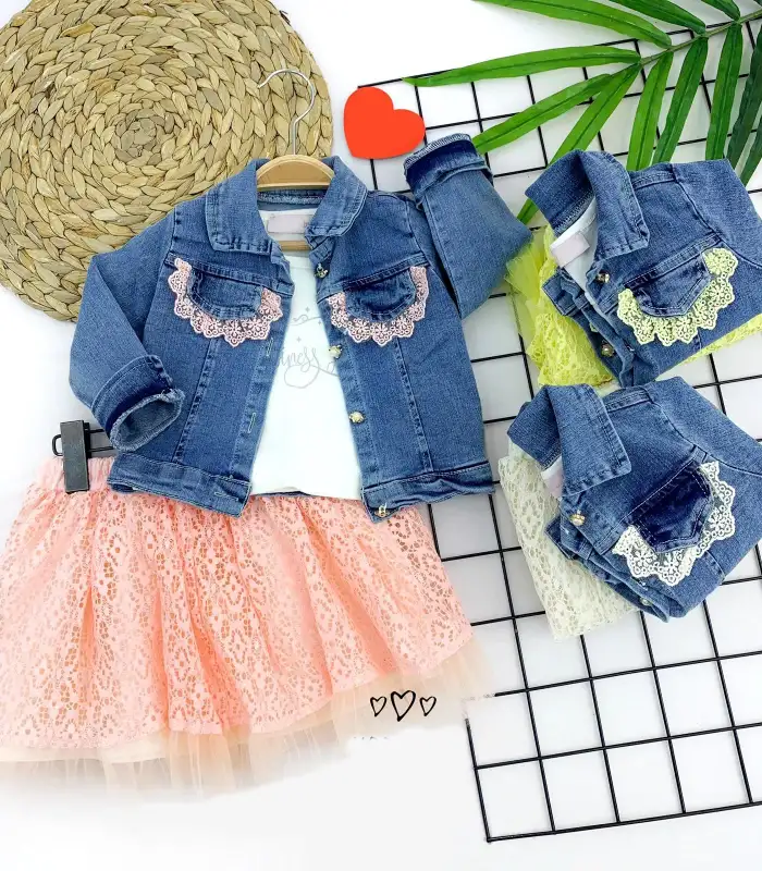 2-3-4-5 Yaş Kot Ceketli Astarlı Tül Etek 3lü Kız Çocuk Takımı Somon