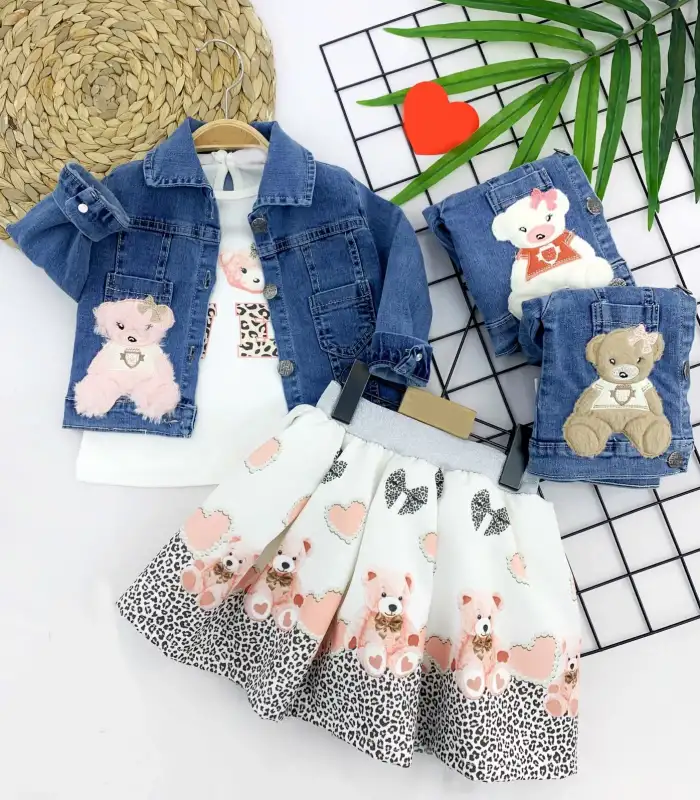 2-3-4-5 Yaş Kot Ceketli Fırfır Etekli 3lü Kız Çocuk Takımı Pembe