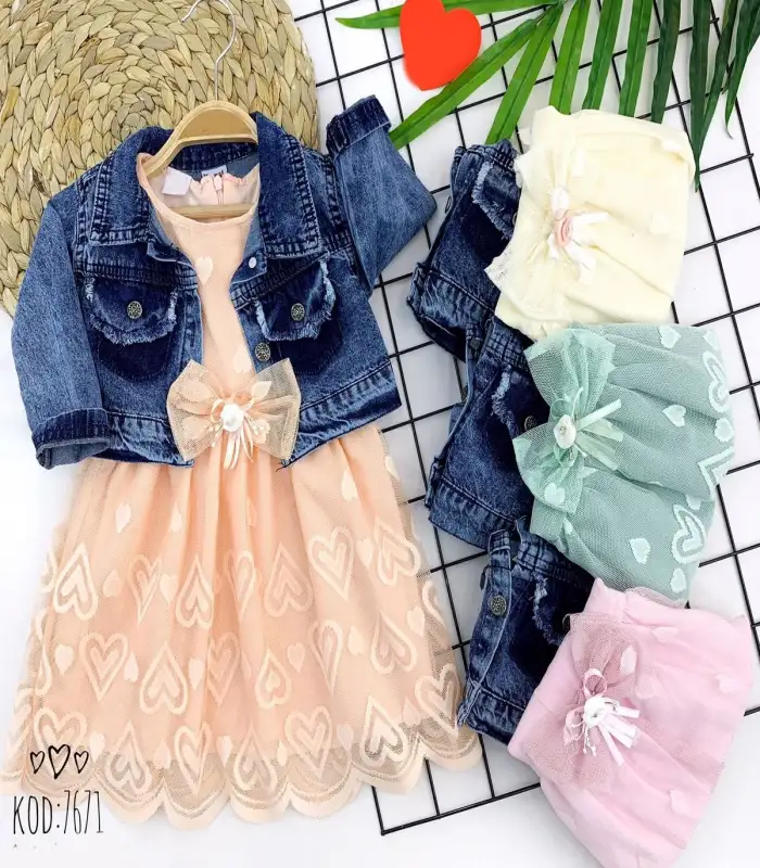 2-3-4-5 Yaş Kot Ceketli Fiyonklu Astarlı 2li Kız Çocuk Elbisesi Pembe