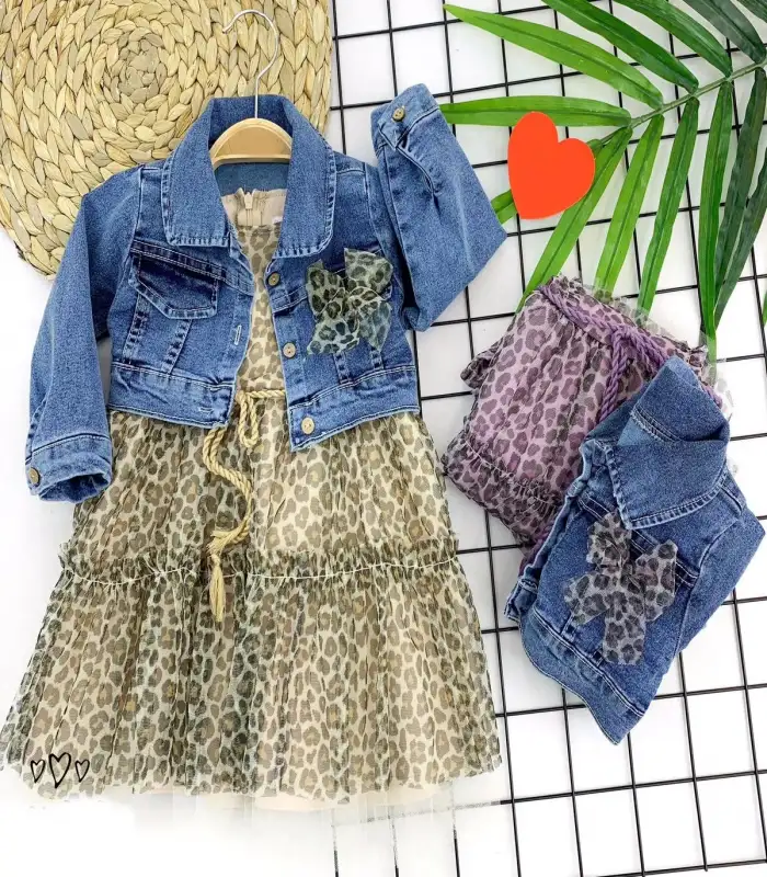 2-3-4-5 Yaş Kot Ceketli Leopar Desenli Astarlı 2li Kız Çocuk Elbisesi Krem