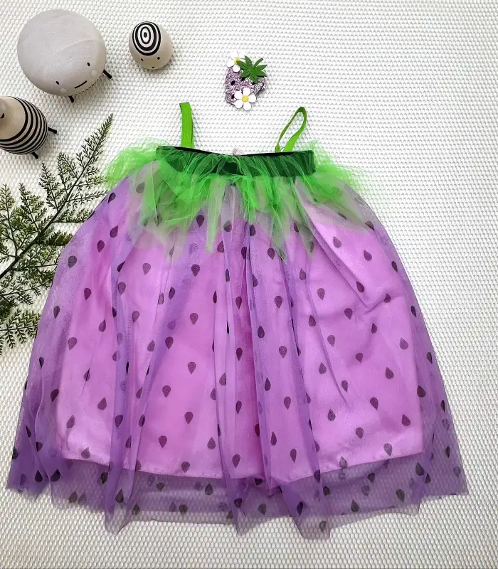 2-3-4 Yaş Askılı Çilek Kostüm Kız Çocuk Elbise Mor