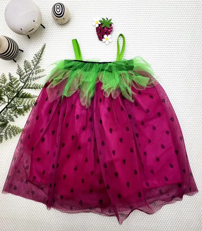 2-3-4 Yaş Askılı Çilek Kostüm Kız Çocuk Elbise Fuşya