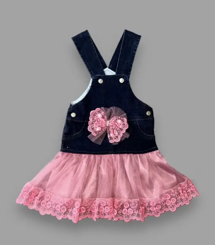2-3-4 Yaş Fiyonklu Düğme Detaylı Tül Etek Kot Kumaş Salopet Kız Çocuk Elbisesi Lacivert-Gül Kurusu