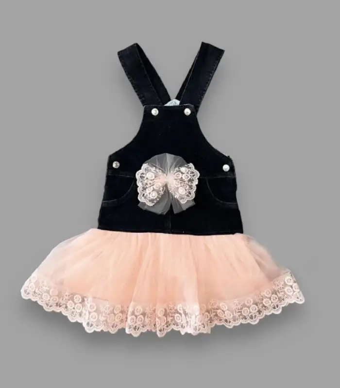 2-3-4 Yaş Fiyonklu Düğme Detaylı Tül Etek Kot Kumaş Salopet Kız Çocuk Elbisesi Siyah-Pudra
