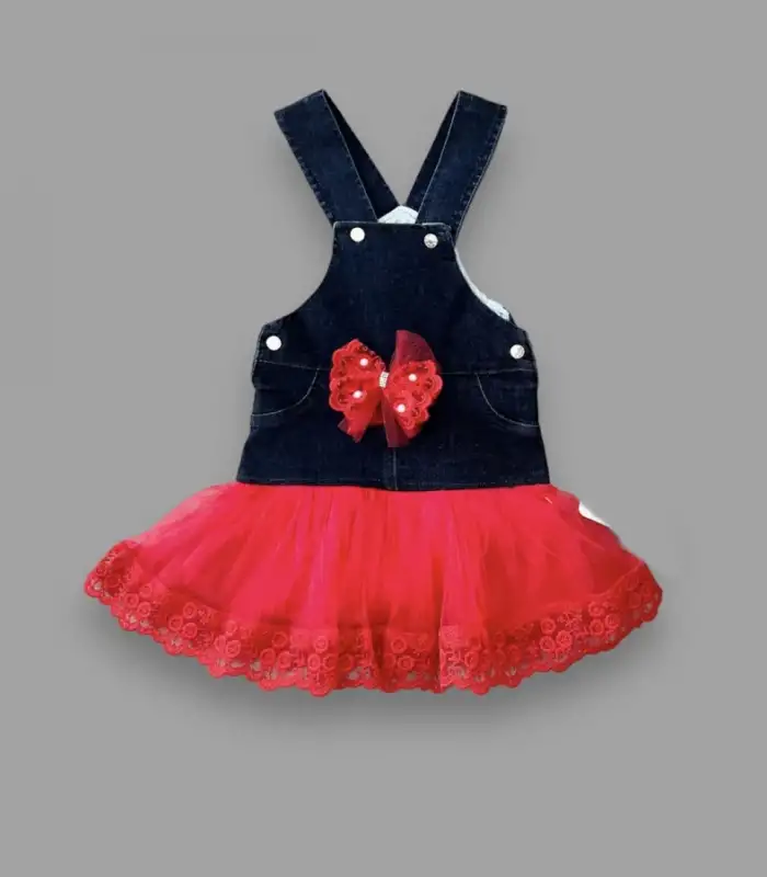 2-3-4 Yaş Fiyonklu Düğme Detaylı Tül Etek Kot Kumaş Salopet Kız Çocuk Elbisesi Lacivert-Kırmızı