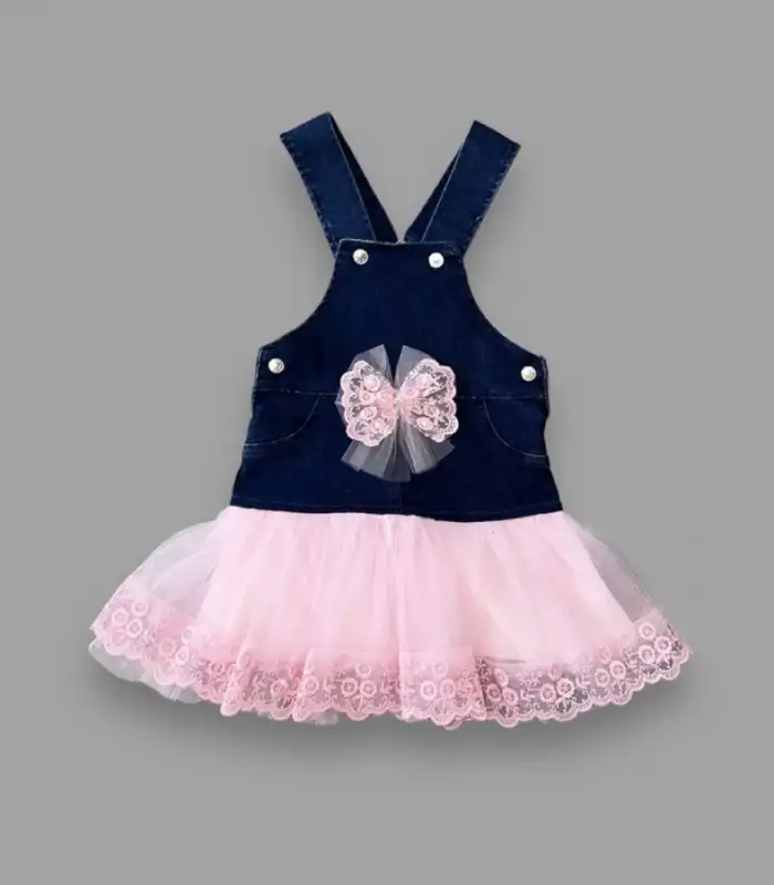 2-3-4 Yaş Fiyonklu Düğme Detaylı Tül Etek Kot Kumaş Salopet Kız Çocuk Elbisesi Lacivert-Pembe