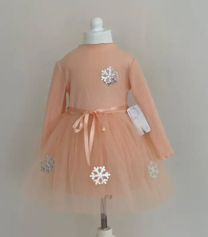 2-3-4 Yaş Kar Tanesi Desenli Kurdela Kuşaklı Astarlı Uzun Kollu Kız Çocuk Tütü Elbise Somon