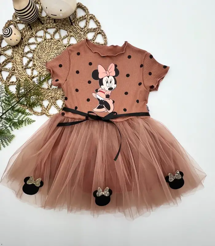2-3-4 Yaş Puantiyeli Mickey Baskılı Kurdela Kuşaklı Astarlı Kız Bebek Tütü Elbisesi Kahverengi