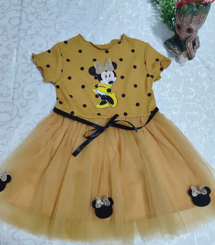 2-3-4 Yaş Puantiyeli Mickey Baskılı Kurdela Kuşaklı Astarlı Kız Bebek Tütü Elbisesi Hardal
