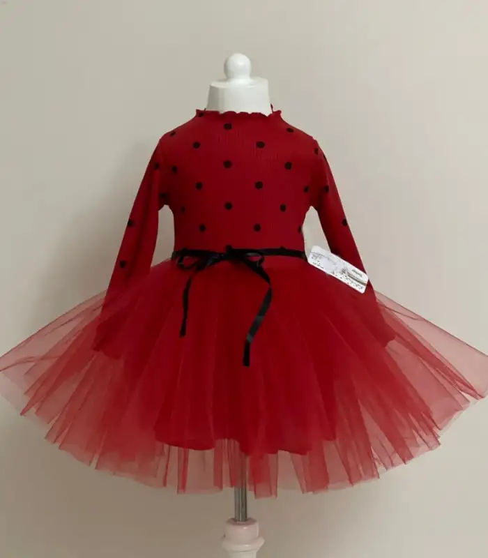 2-3-4 Yaş Puntiye Desenli Kurdela Kuşaklı Astarlı Uzun Kollu Kız Çocuk Tütü Elbise Kırmızı