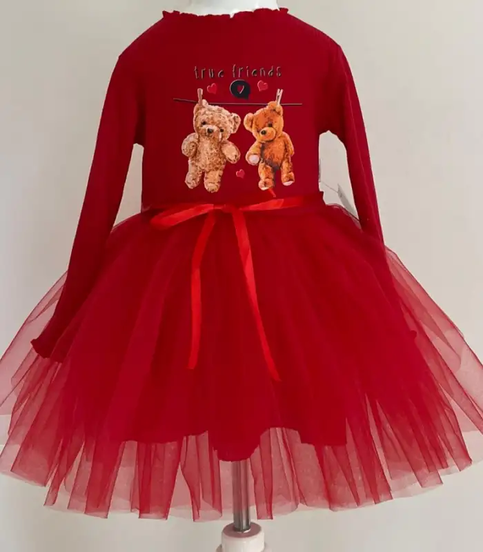 2-3-4 Yaş Şirin Ayılar Desenli Kurdela Kuşaklı Astarlı Uzun Kollu Kız Çocuk Tütü Elbise Kırmızı