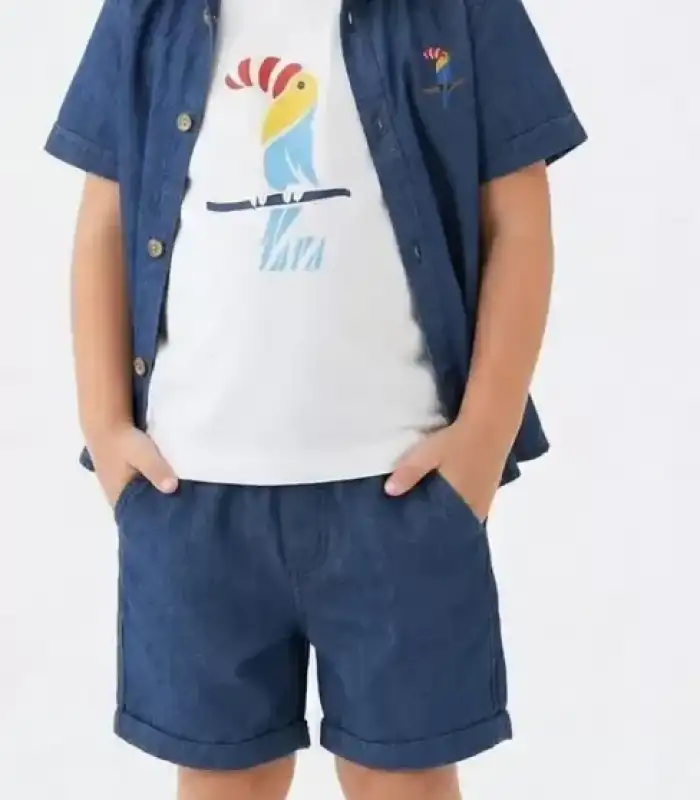 2/6 Yaş Denim Gömlek Şortlu 3lü Çocuk Takımı