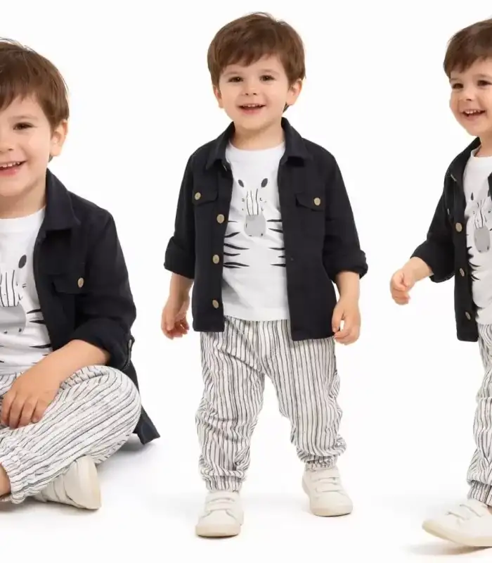 2-6 Yaş Müslin Gömlekli Tişörtlü 3lü Çocuk Takımı