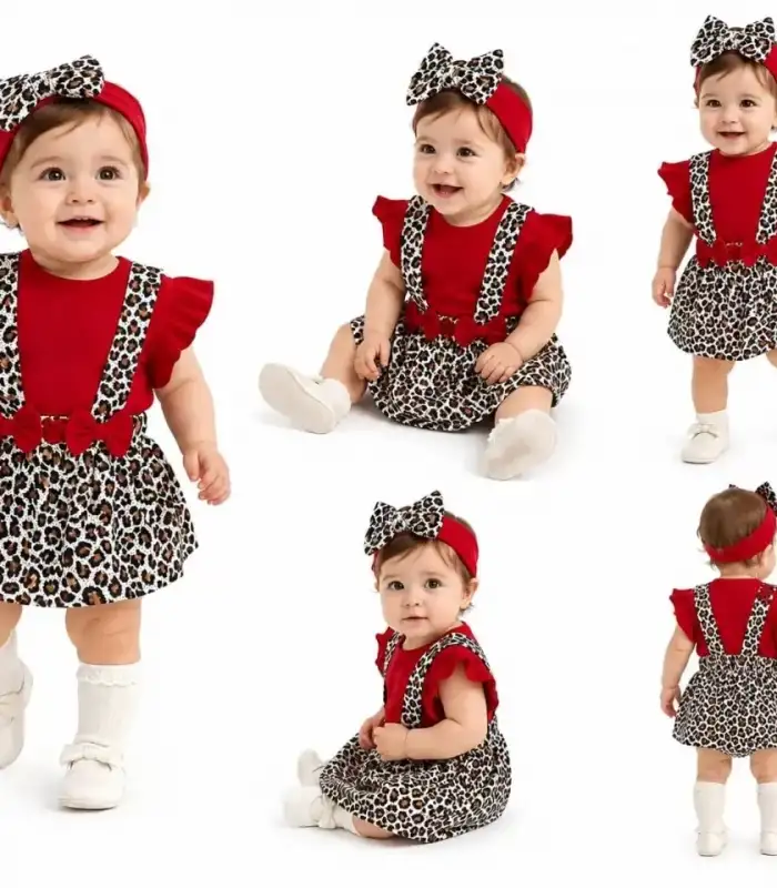 3/12 Ay Bandanalı Zıbınlı Leopar Salopet Bebek Takımı