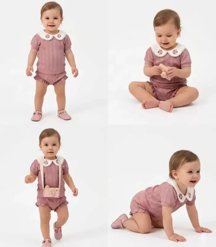 3/12 Ay Çiçekli Yaka Jakar Kumaş Şortlu Bebek Takımı
