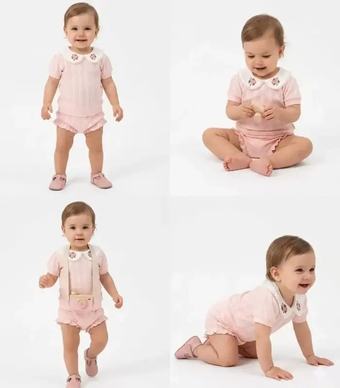 3/12 Ay Çiçekli Yaka Jakar Kumaş Şortlu Bebek Takımı