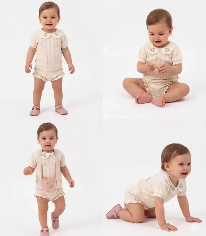 3/12 Ay Çiçekli Yaka Jakar Kumaş Şortlu Bebek Takımı