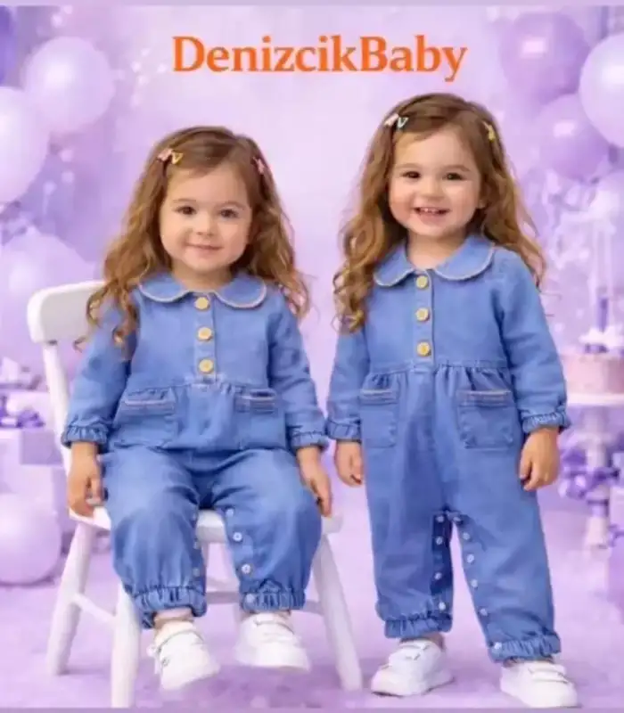 3-12 Ay Düğme Detaylı Kot Bebek Tulumu