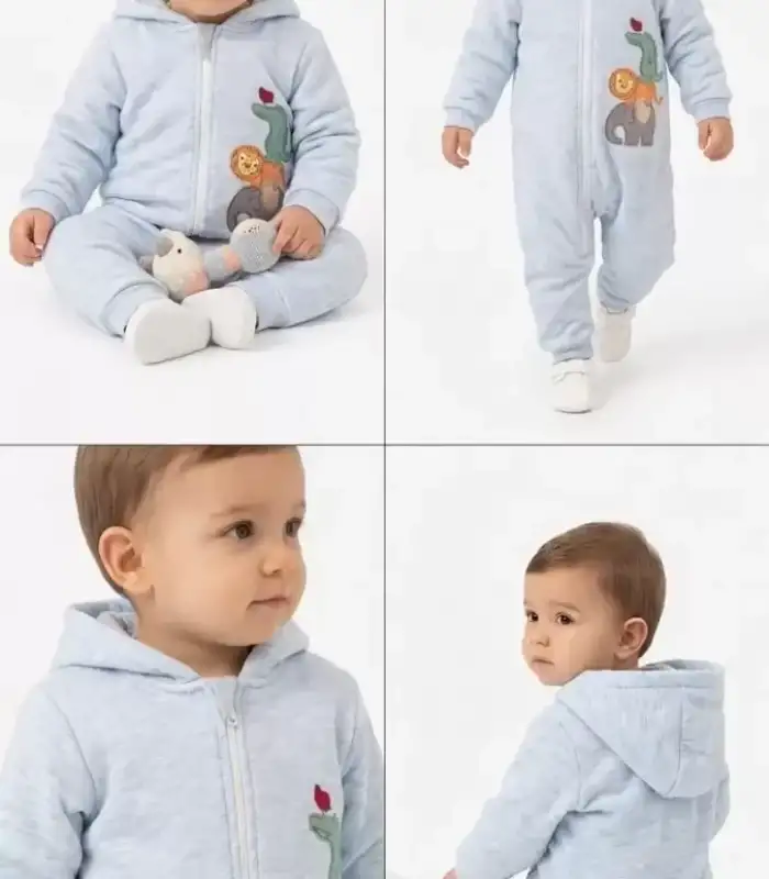 3/12 Ay Nakışlı Kapşonlu Bebek Tulumu