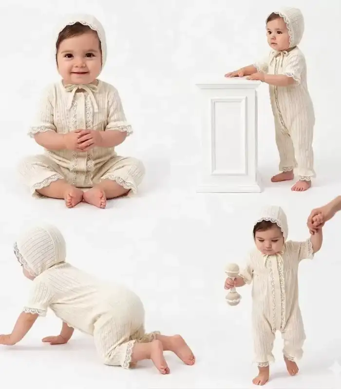 3/12 Ay Şapkalı Dantelli Jakar Kumaş Bebek Tulumu
