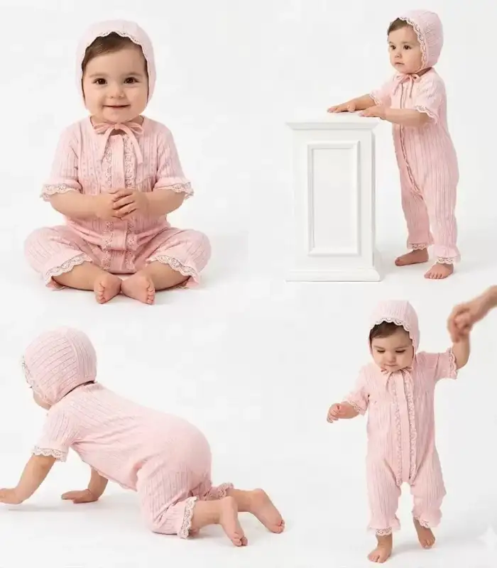3/12 Ay Şapkalı Dantelli Jakar Kumaş Bebek Tulumu