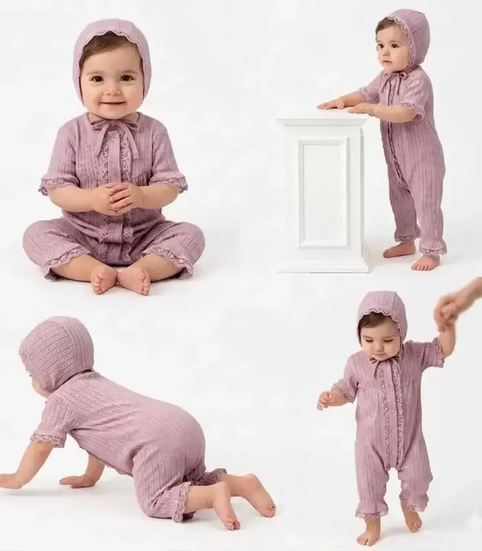 3/12 Ay Şapkalı Dantelli Jakar Kumaş Bebek Tulumu
