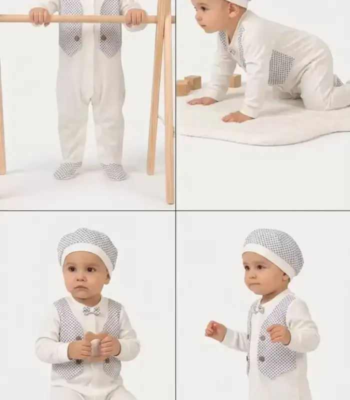 3/12 Ay Şapkalı Sahte Yelekli Bebek Tulumu