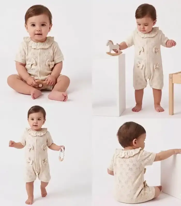 3/12 Ay Yakalı Fiyonklu Jakar Kumaş Bebek Tulumu
