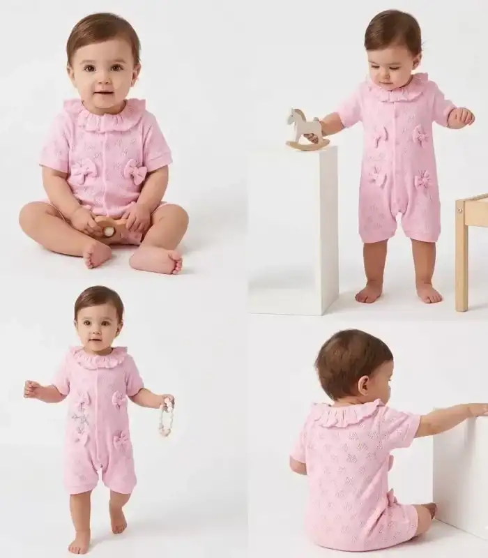 3/12 Ay Yakalı Fiyonklu Jakar Kumaş Bebek Tulumu