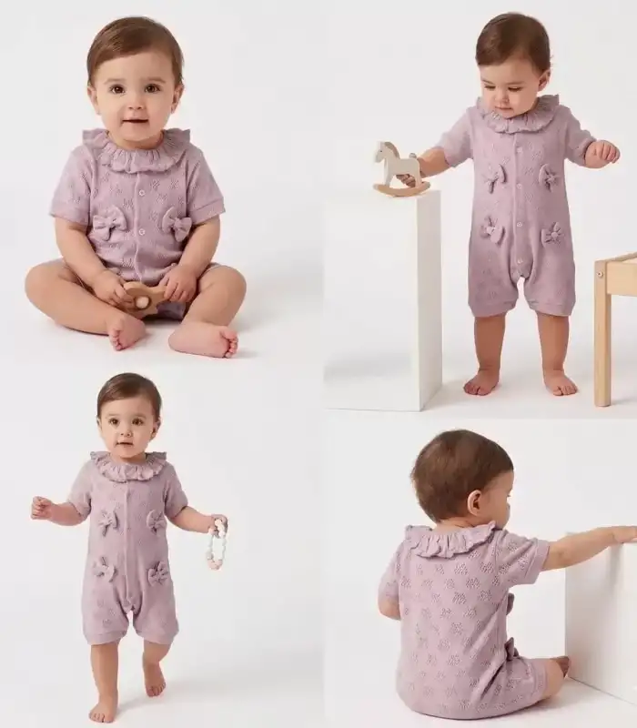 3/12 Ay Yakalı Fiyonklu Jakar Kumaş Bebek Tulumu