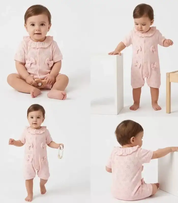 3/12 Ay Yakalı Fiyonklu Jakar Kumaş Bebek Tulumu
