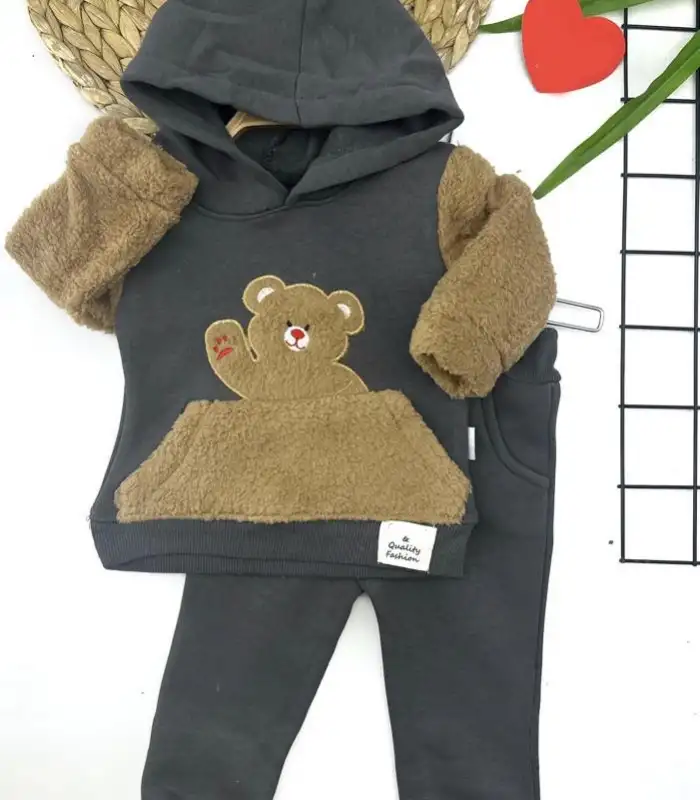 3-4-5-6 Yaş Kapşonlu Welsoft Ayıcık Nakışlı Uzun Kollu 2li Kız Erkek Çocuk Takımı Gri