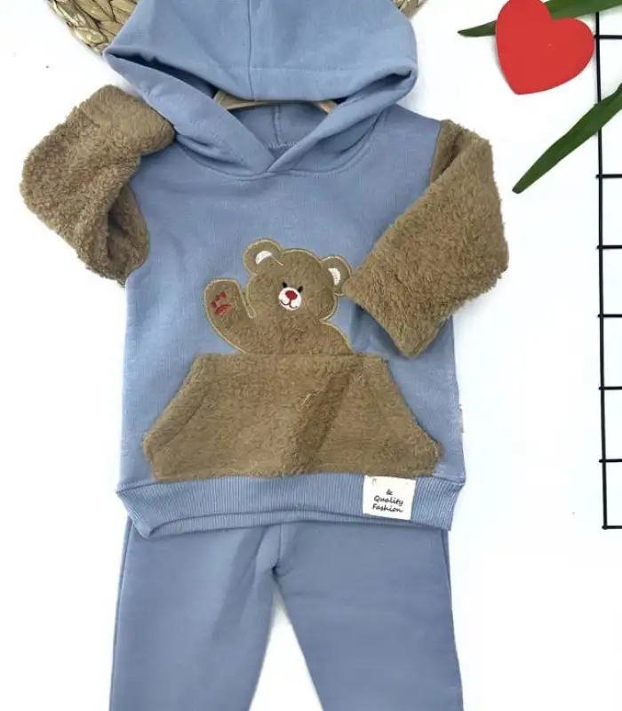3-4-5-6 Yaş Kapşonlu Welsoft Ayıcık Nakışlı Uzun Kollu 2li Kız Erkek Çocuk Takımı Mavi