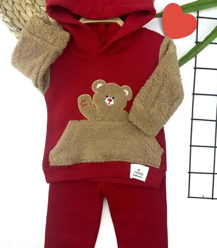3-4-5-6 Yaş Kapşonlu Welsoft Ayıcık Nakışlı Uzun Kollu 2li Kız Erkek Çocuk Takımı Kırmızı