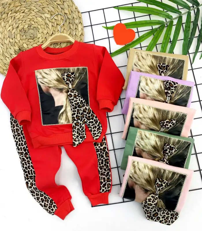 3-4-5-6 Yaş Lepoar Tokalı Leopar Şerit 2li Kız Çocuk Takımı Bej