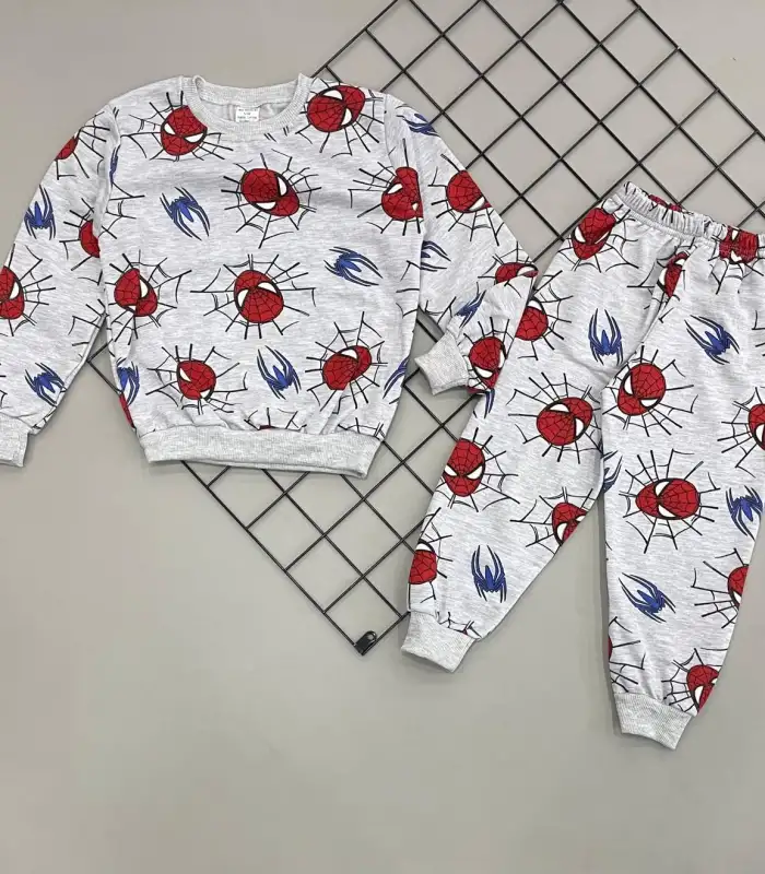 3-4-5-6 Yaş Örümcek Baskılı Şardonlu Uzun Kollu Kız Erkek Çocuk Takımı Gri