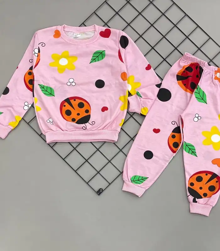 3-4-5-6 Yaş Uğur Böceği Baskılı Şardonlu Uzun Kollu Kız Çocuk Takımı Pembe