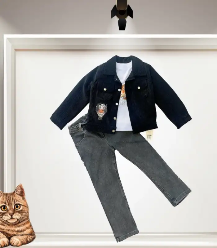 3-4-5 Yaş Fitilli Kadife Ceket Kot Pantolonlu 3lü Kız Erkek Çocuk Takımı Siyah