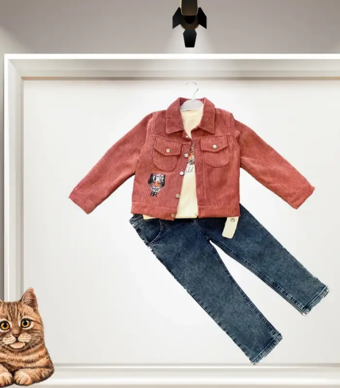 3-4-5 Yaş Fitilli Kadife Ceket Kot Pantolonlu 3lü Kız Erkek Çocuk Takımı Gül Kurusu