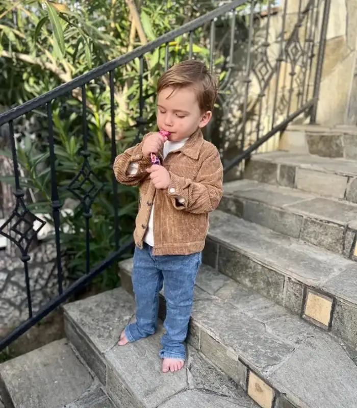 3-4-5 Yaş Fitilli Kadife Ceket Kot Pantolonlu 3lü Kız Erkek Çocuk Takımı Kiremit