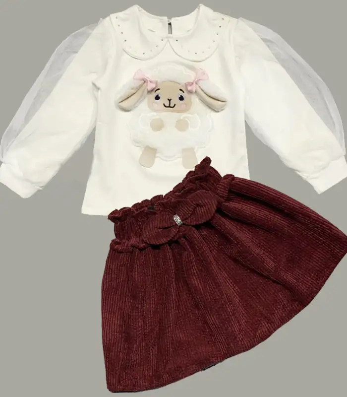 3-4-5 Yaş Fitilli Kadife Etekli Tüllü Ve Uzun Kollu Kuzu Nakışlı Sweat 2li Kız Çocuk Takımı Bordo