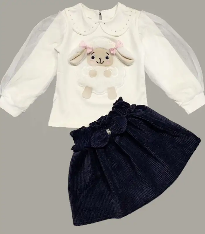 3-4-5 Yaş Fitilli Kadife Etekli Tüllü Ve Uzun Kollu Kuzu Nakışlı Sweat 2li Kız Çocuk Takımı Lacivert