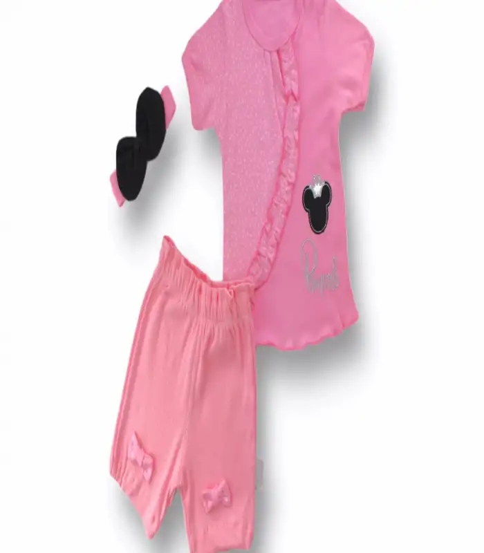 3-6 6-9 9-12 12-18 Ay Princess Taçlı Mickey Nakışlı Şort Tişört 3lü Kız Bebek Takımı Pembe
